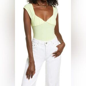 OPEN EDIT  Shirred Cap Sleeve Bodysuit in Yellow Lemonade